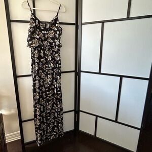 [L] Michael Kors Black & White Floral Printed Romper Spaghetti Straps Side Belt